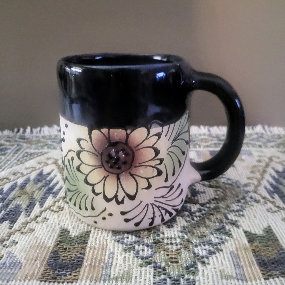 Studio Pottery Sunflower Mug Black White And Yellow One Of A Kind